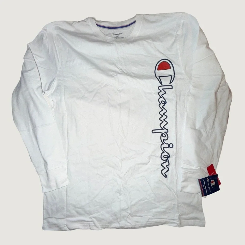 Champion Mens White Long Sleeve Sleep Shirt Vertical Script Logo Large NEW